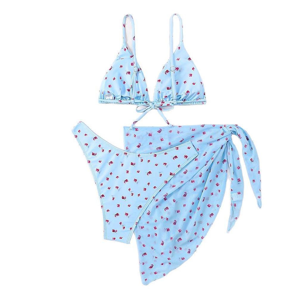 European & American Floral Bikini Set with Tie-Up Skirt - Women's Candy Color Print, 3-Piece Swimsuit