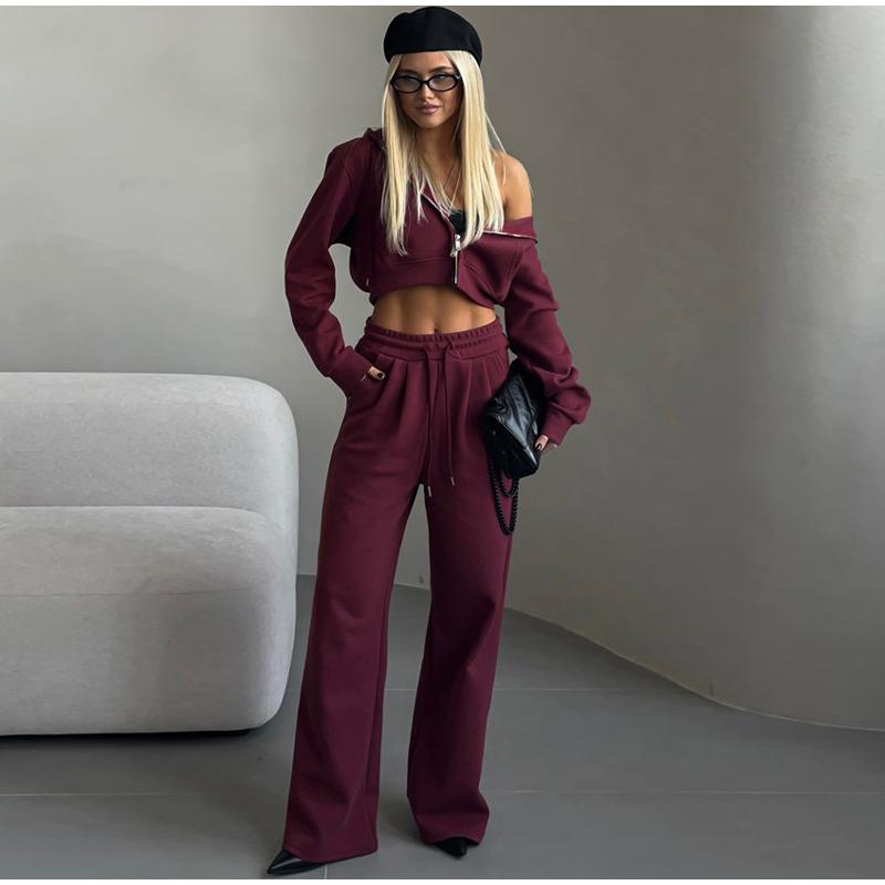 

Весна Осень Новый женский повседневный костюм однотонный укороченный кардиган с капюшоном майка спортивные штаны комплект модная уличная одежда XL темно-красного