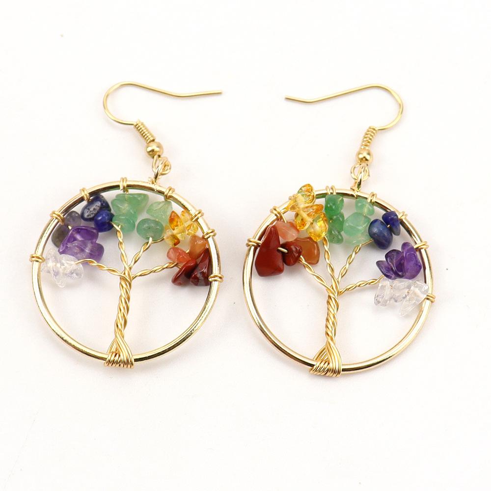 Tiktok Straight Hand-Wound Silk Gold 3Cm Natural Crystal Gravel Tree Of Life Lucky Tree Earrings Earrings E70