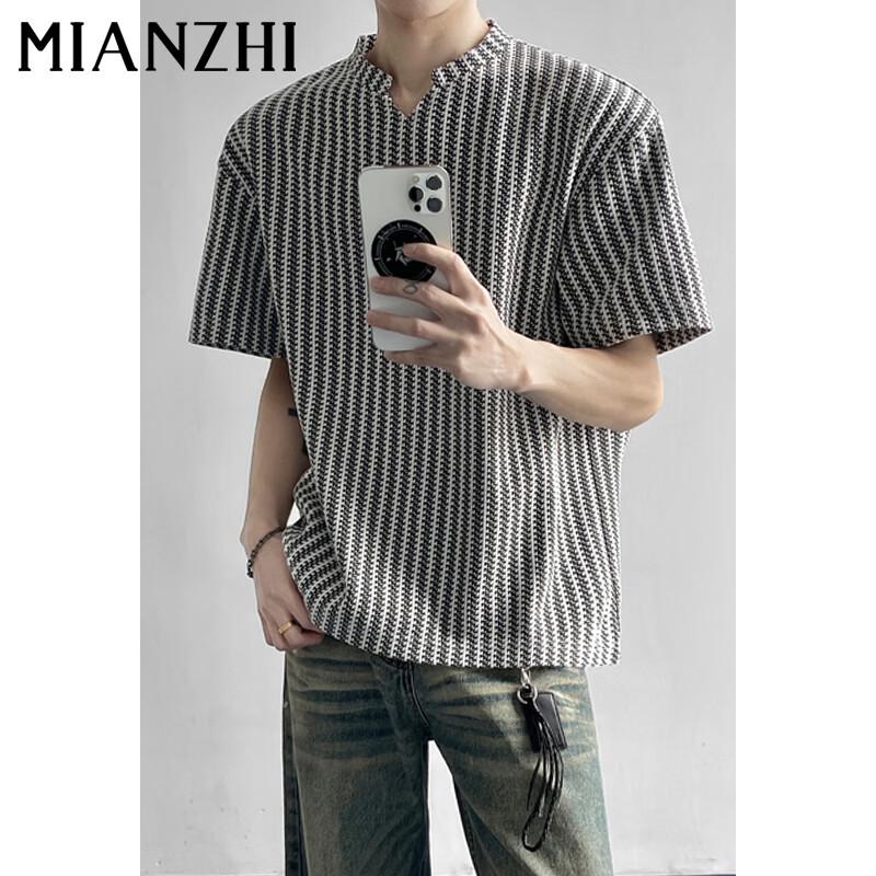 

Mián Zhì Men s American Retro Striped Short-Sleeve T-Shirt L