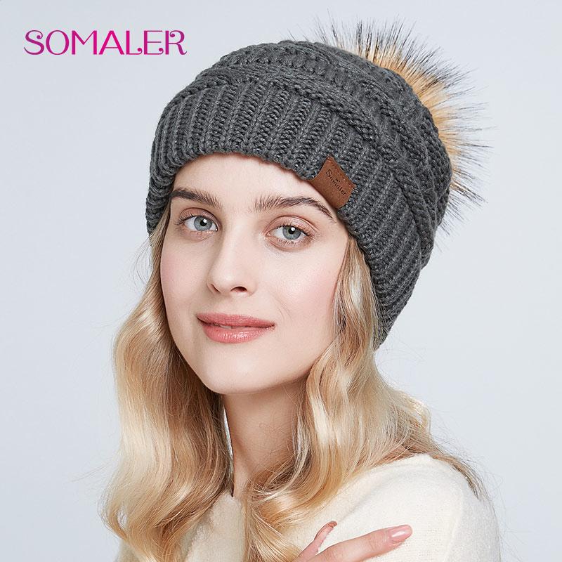 SOMALER Bonnets amples en tricot pour femmes, chapeau chaud, Baggy, casquette de Ski, fausse fourrure, pompon, chapeaux pour dames, hiver