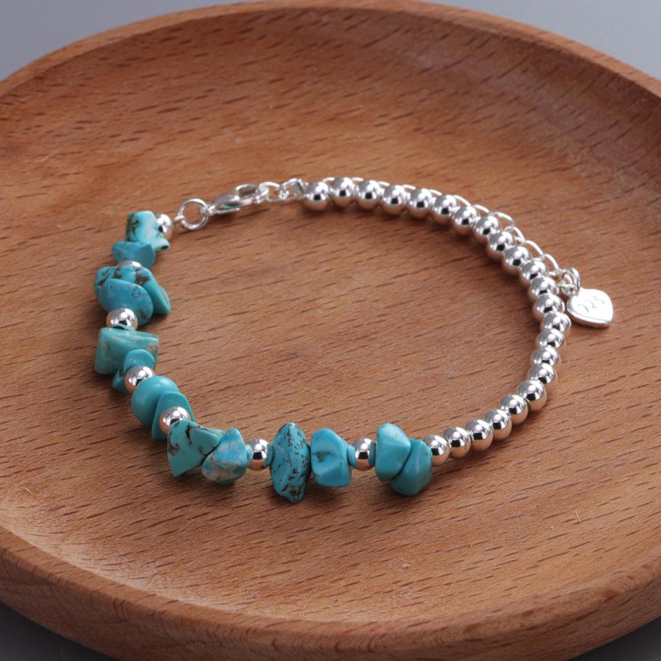 VENTFILLE 925 Sterling Silver Bead Turquoise Agate Bracelet For Women Girl RetroVersatile Originality Jewelry Gift Dropshipping
