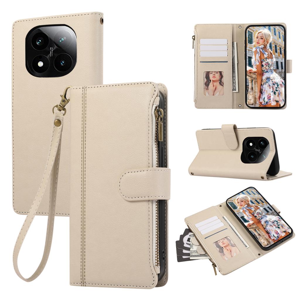 For Xiaomi Redmi Note 14 Pro 4G Case Multi Card Slots Zipper Leather Phone Cover with Wrist Strap