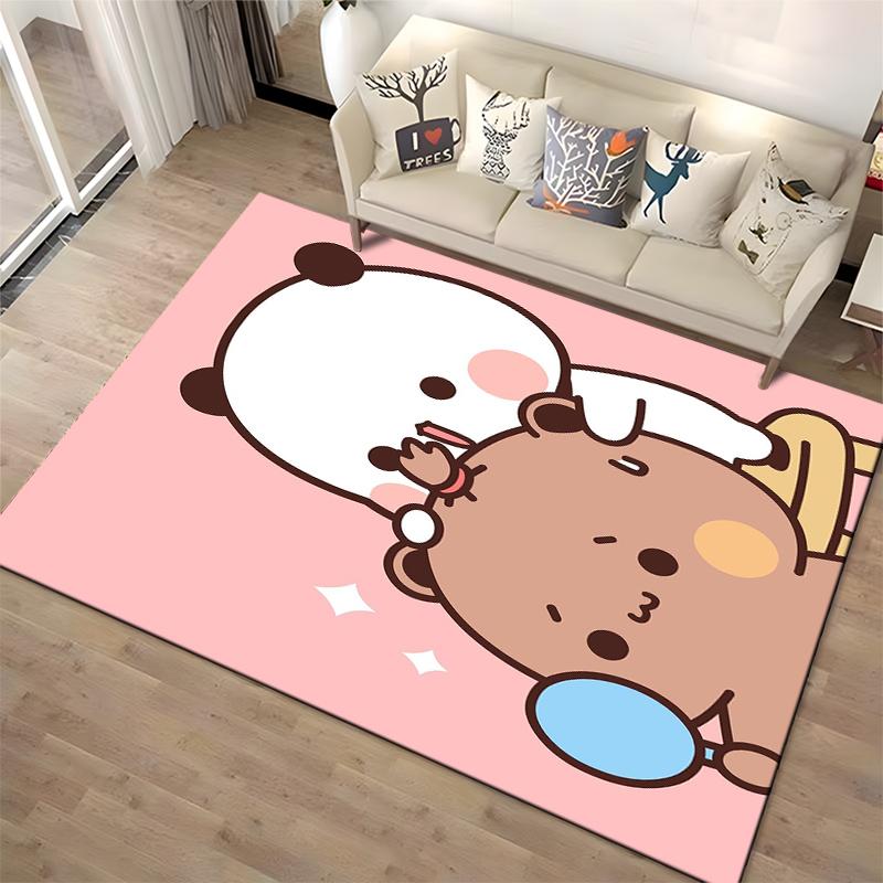 Cute Cartoon Panda and Bear with Pink Background and Mirror - Adorable Carpet Design Suitable for Use As an Anti-slip1 For1room and Bedroom Sofas