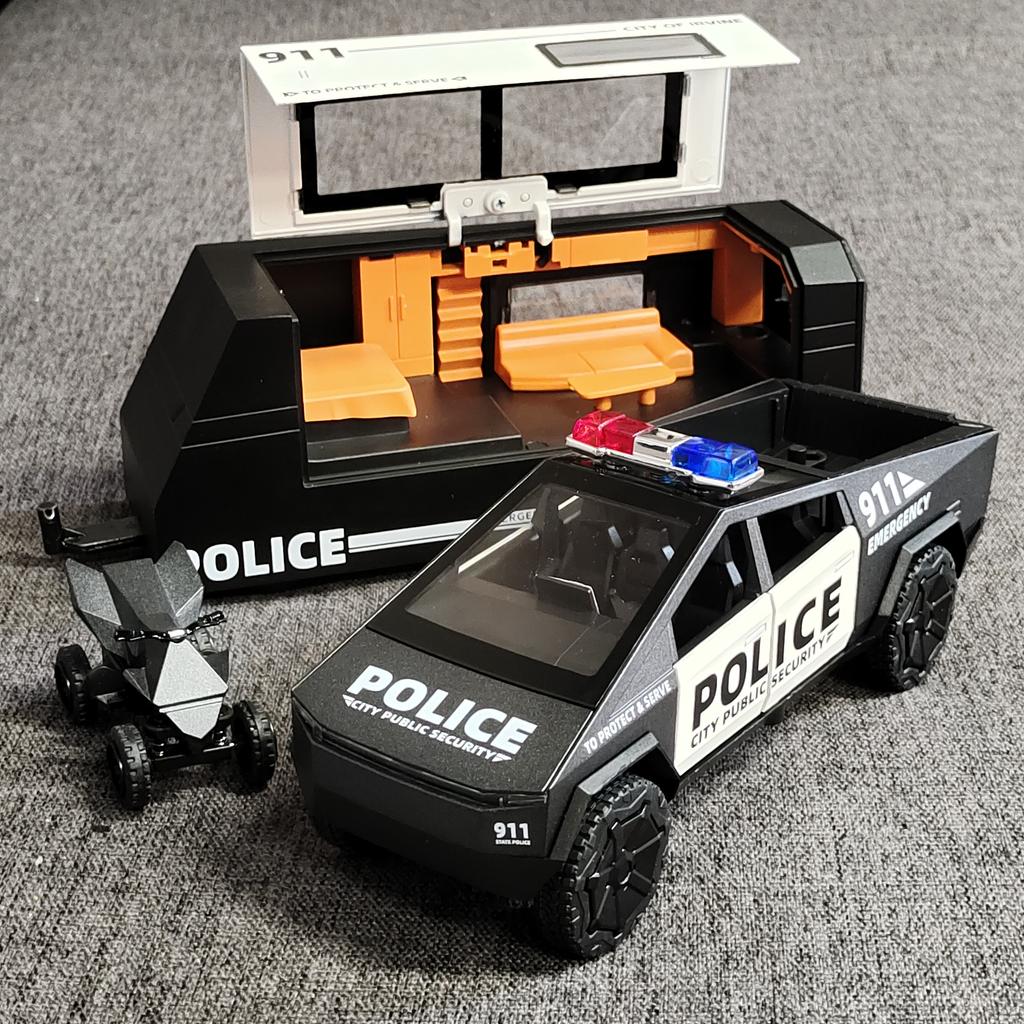 1/32 Tesla Police Cybertruck Trailer Off Road Pickup Truck Diecast Model Car Alloy Children's Toy RV Sound & Light Music Birthday Gift