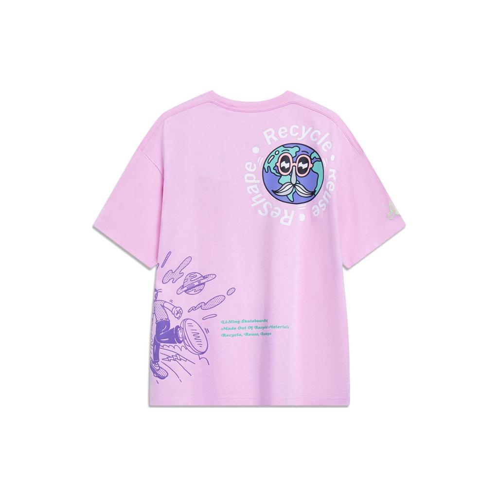 Li-Ning X Steven Harrington Cartoon Print Round Neck Short Sleeve T-Shirt Unisex Tops Pink AHST075-2