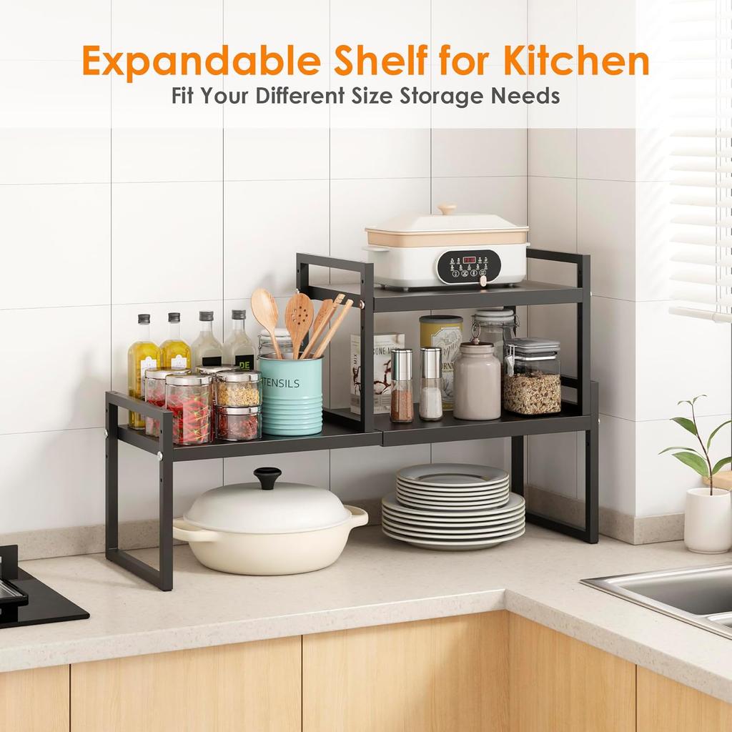 DOLALIKE Expandable kitchen Countertop Organizer, Stackable Cabinet Shelf Organizers, Space Saving Spice Rack Pantry Storage for Bathroom Office