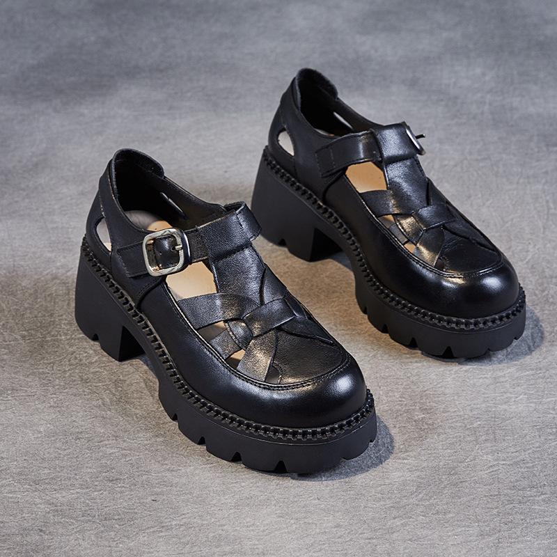 

Босоножки на платформе из коровьей кожи первого слоя, женские летние 2025, новые, дышащие, с полым верхом, в стиле ретро, на платформе, римские лоферы для женщин 35