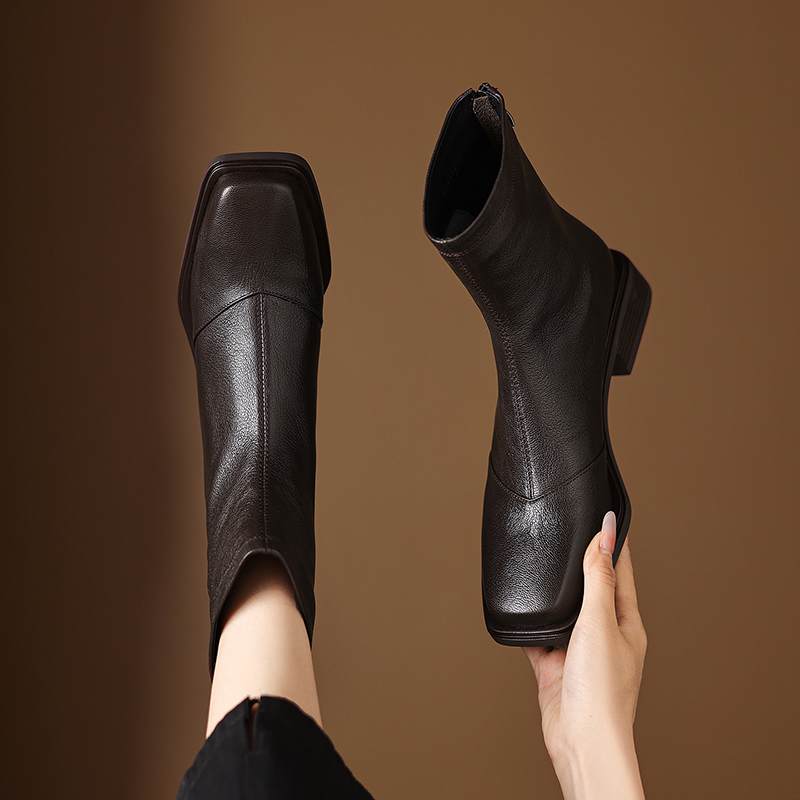 Krazing Pot Sheepskin Winter Square Toe Western Boots Med Heels Zipper Women Ankle Boots