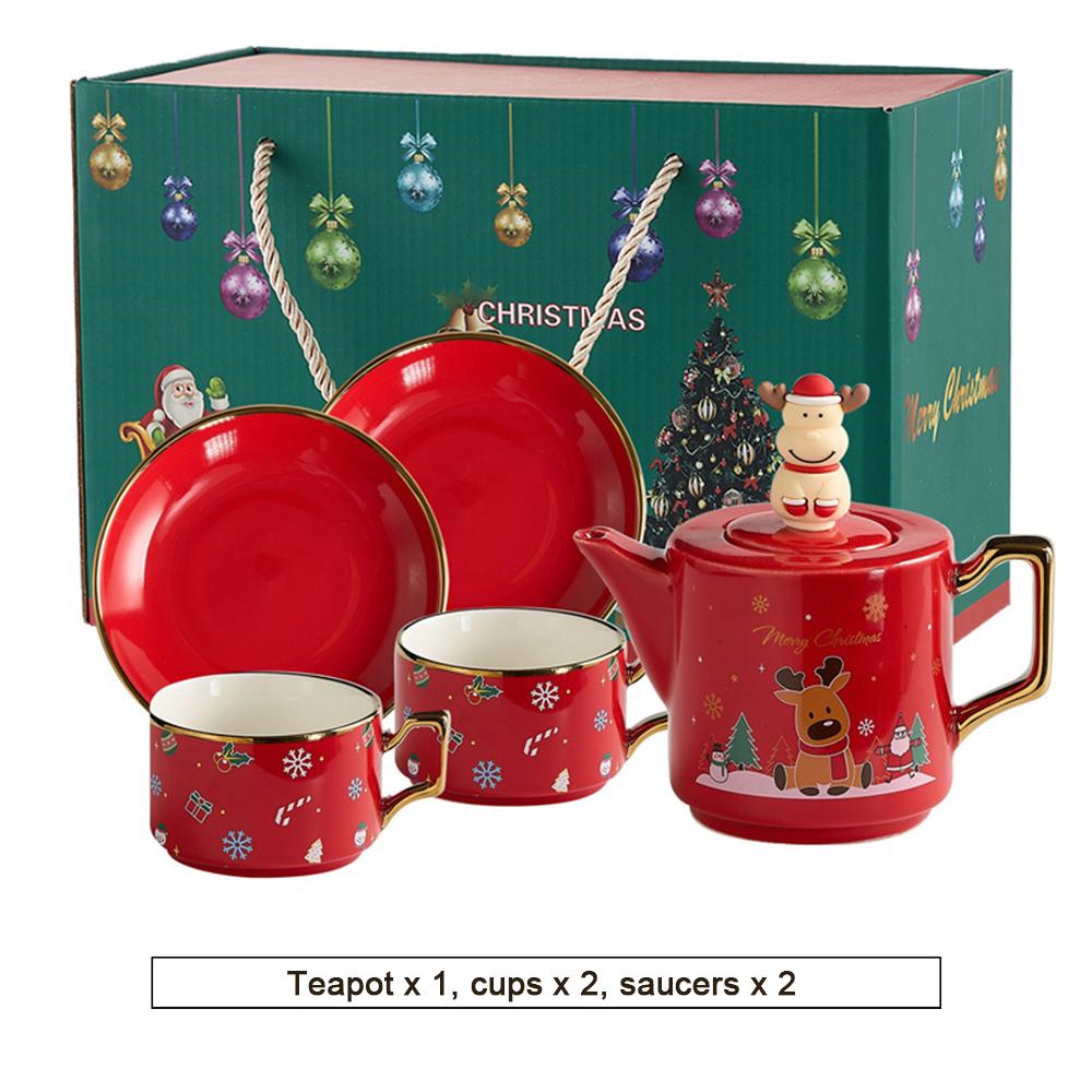 Red Ceramics Teaware Sets Santa Claus Snowman Elk Teapot Teacup Christmas Coffee Cup Saucers Stackable Xmas New Year Gifts