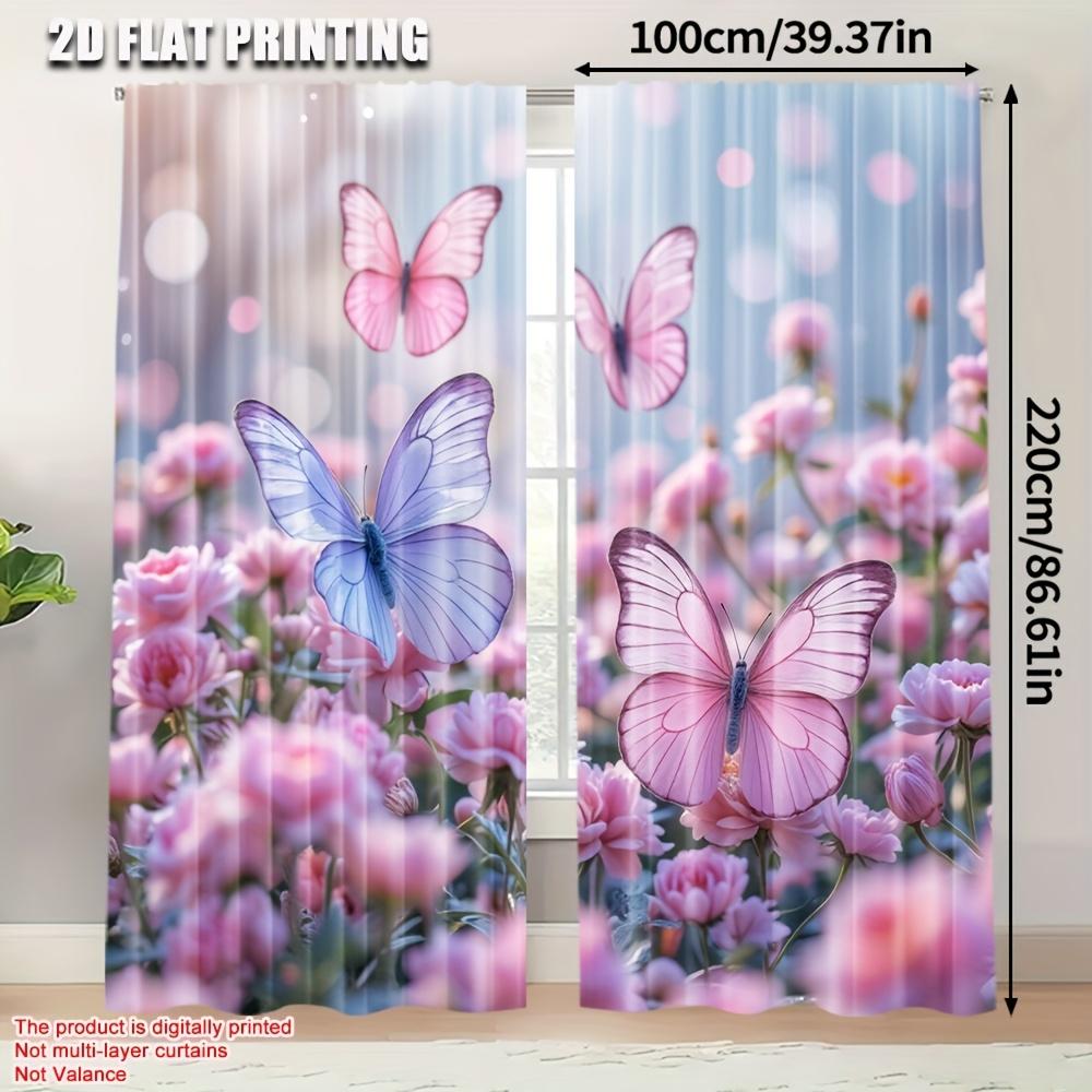 Room Darkening Flat Printing Window Curtains Pink Flowers Butterflies Polyester Wall Decor Suitable Bedroom Wind Curtain Set Of 2 Made Washable