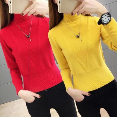 Women Half High Collar Solid Color  Warm Pullover Slim Knitted Sweater