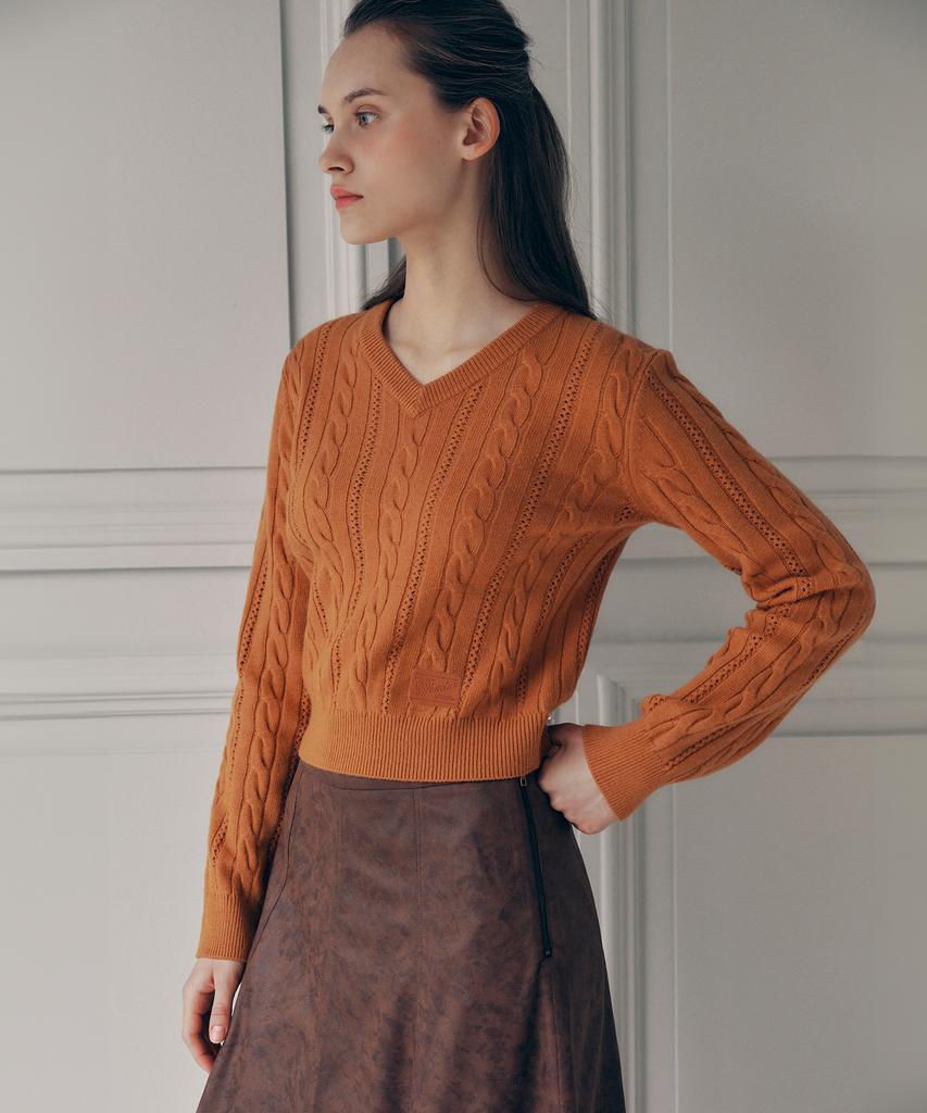 ROLAROLA V Neck Cable Label Knit Orange