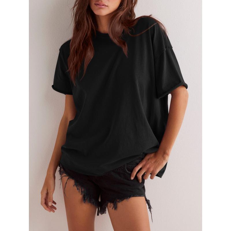 Summer Loose and Casual Cotton Solid Color Round Neck Short-sleeved Raw Edge T-shirt