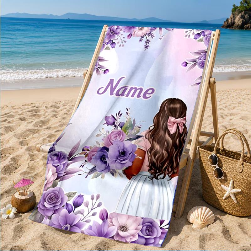 Custom Name Floral Princess Beach Towel Microfiber Beach Towel, Lightweight and Quick-Dry, for Summer Travel, Swimming Pool Gift