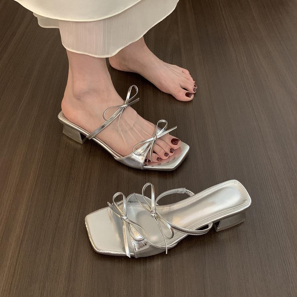 French temperament bow thick heel cool slippers women's summer wear 2025 sticky new with skirt square head open-toed sandals