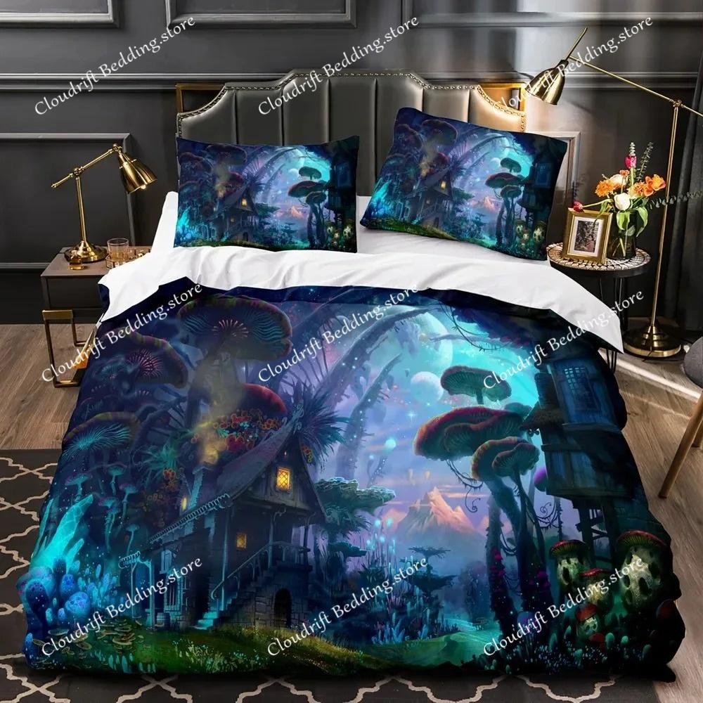 Mantar Peri Ormanı Nevresim Sihirli Lilliputian Karikatür Mantar Bitki nevresim takımı Fantezi Bahçe Polyester Yorgan Kapak