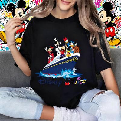 Camiseta de Verano 2025 Capitán Mickey Amigos Barco de Cruceros Disney Estampada para Mujer 100% Algodón Puro Transpirable Top Holgado Estilo Y2K