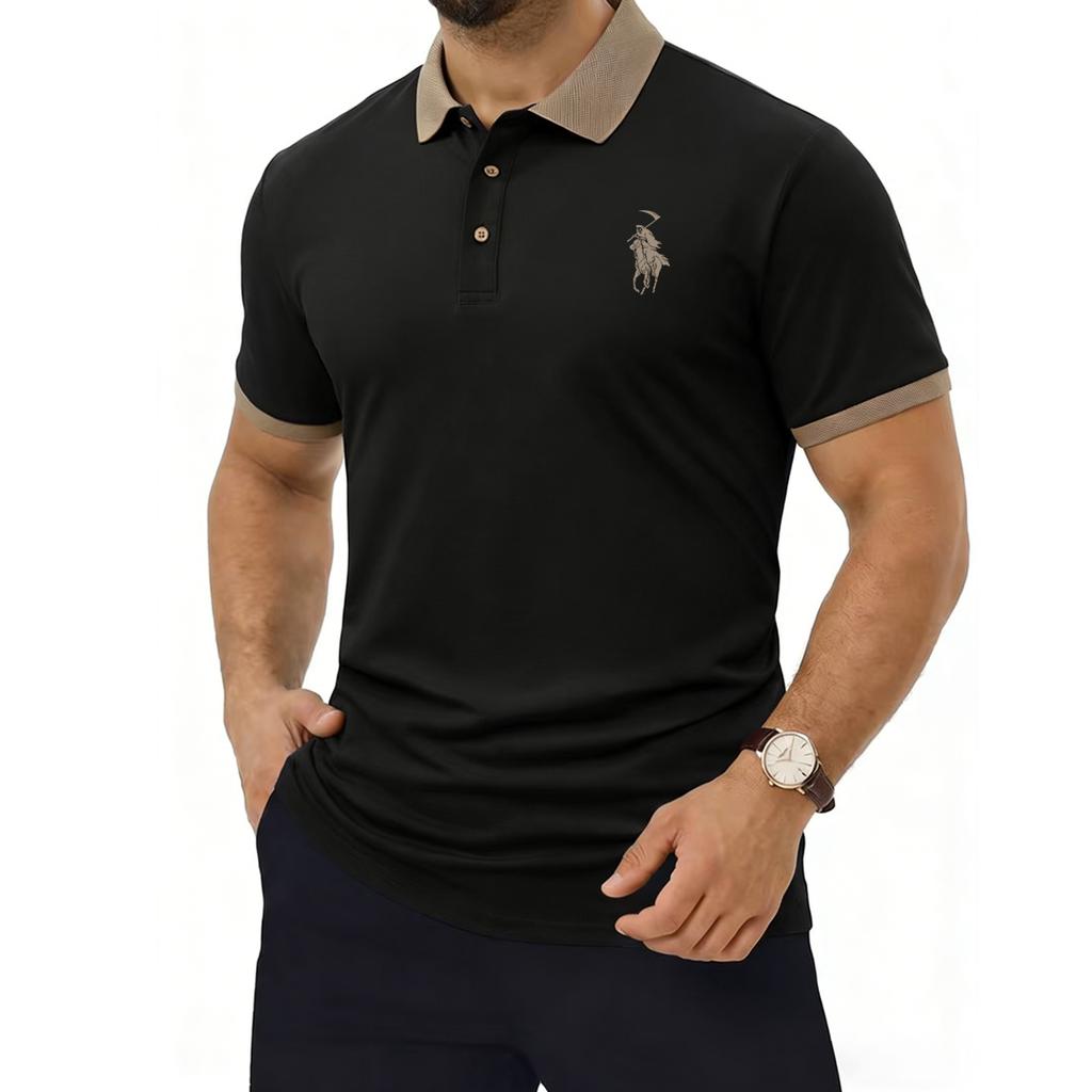 Comoda polo da golf con colletto a 3 bottoni aderente, colletto e polsini a blocchi di colore, tessuto traspirante e vestibilità rilassata e casual a maniche corte