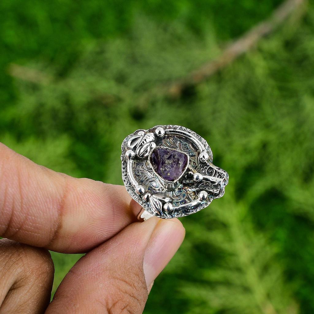 Natural African Amethyst Rough 925 Silver Stackable Adjustable Ring For Girls