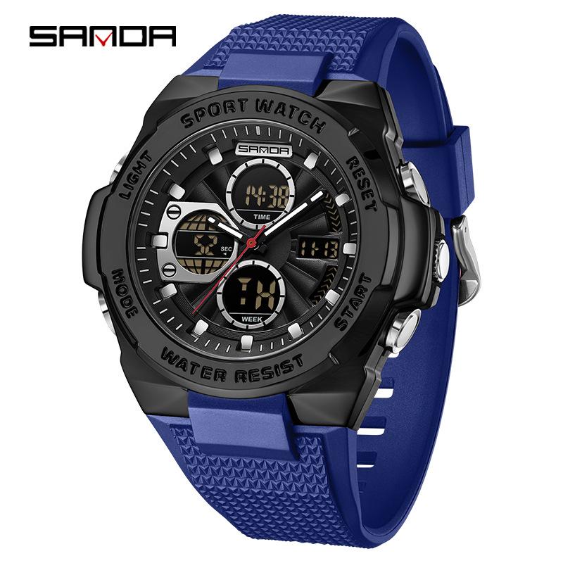 Sanda Men's Trendy Outdoor Sports Watch - Waterproof, Luminous, Multifunctional with Dual Display & Alarm.