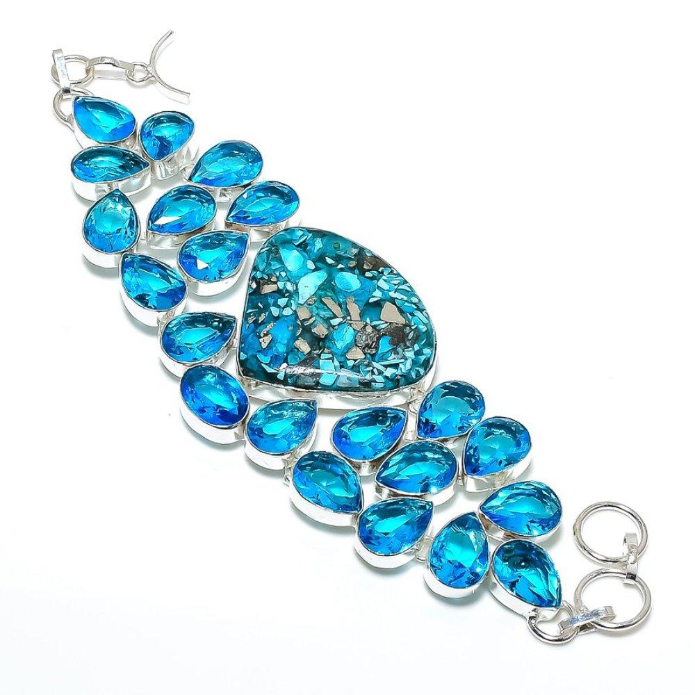 Spiny Oyster,Blue Topaz Handmade 925 Sterling Silver Bracelet 7-8" u3g22