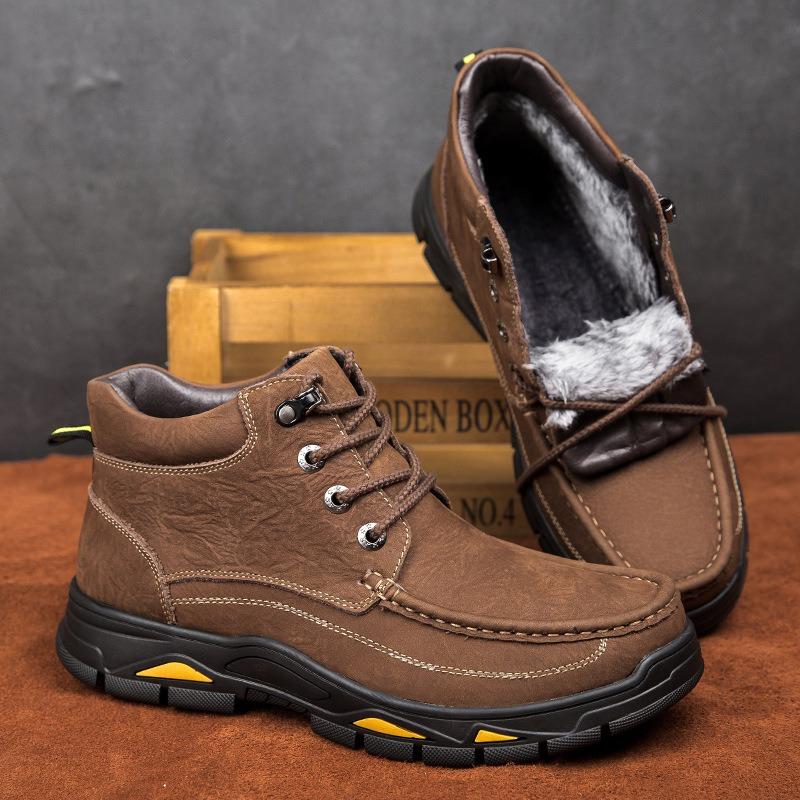 Large size autumn and winter high-top matte leather casual shoes men's top layer cowhide velvet outdoor men's shoes tooling boots