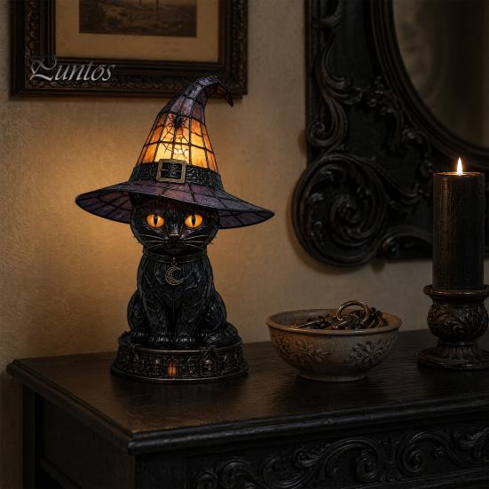 Spooky Home Decor Light Halloween Witch Cat Night Light, Resin Table Lamp with Warm Mantelpiece Glow, Gothic for Bedroom Shelf, Gift Cozy Fall