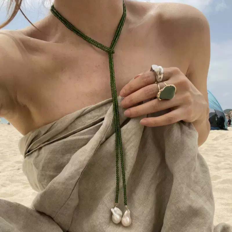 Vintage Grüne Kristallperlen Anhänger Halskette für Damen Mode Handgefertigt Perlen Lang Verstellbare Halskette Zirkon