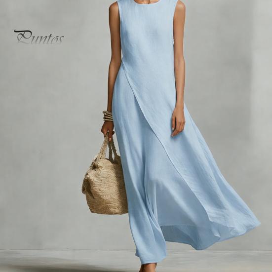 Solid Color Women Dress Women's Sleeveless Cotton Linen Dress, Casual Irregular Hem Crew Lightweight Summer Neck Long Loose Beach Vacation Sundress
