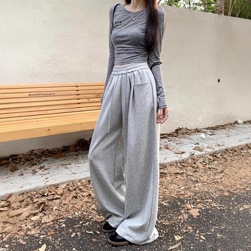 Casual Pants, Women's Stretched-waist Drawstring Wide-leg Pants, Loose and Slimming Pants for Early Autumn, Straight-leg Pants and Flip-flops