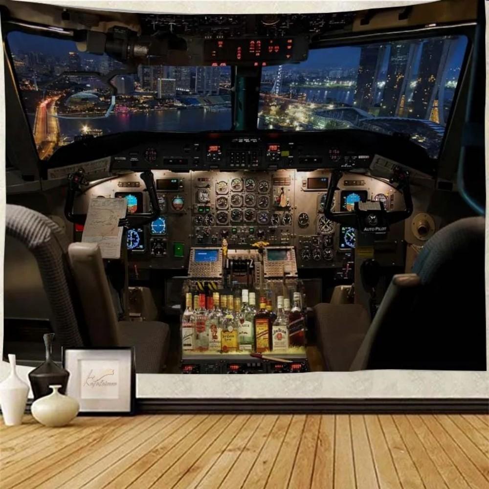 Aircraft Cockpit Tapestry, Flight Simulation Control Panel Wall Art, Aviation Themed Map Decor for Bedroom Living Room