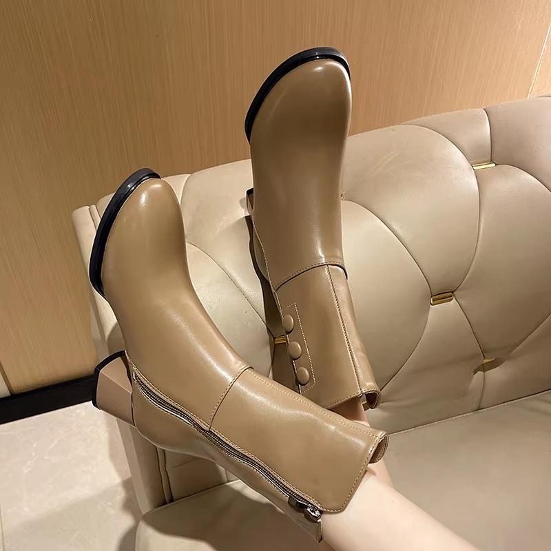 Fashion 2025 Fashion Mid-Calf Women's Boots Classics Modern Boots Women Buttons Round Toe Side Zip Med Heel New Plus Size Ladies Shoes