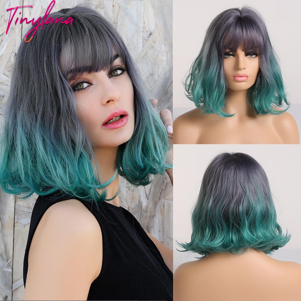 

Короткий синтетический волнистый парик Боб с челкой, Омбре, черный, розовый, до плеч, парики для женщин, натуральные волосы для косплея, термостойкие SS157-1