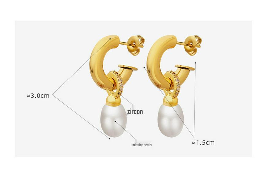 Baroque Faux Pearl C-shaped Stud Earrings - European and American Style Women's Titanium Steel Accessories