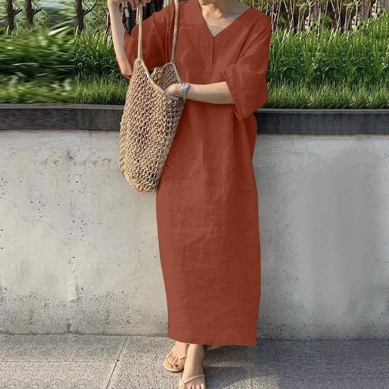 European and American new women's clothing, loose short-sleeved v-neck solid color large-size cotton and linen dress