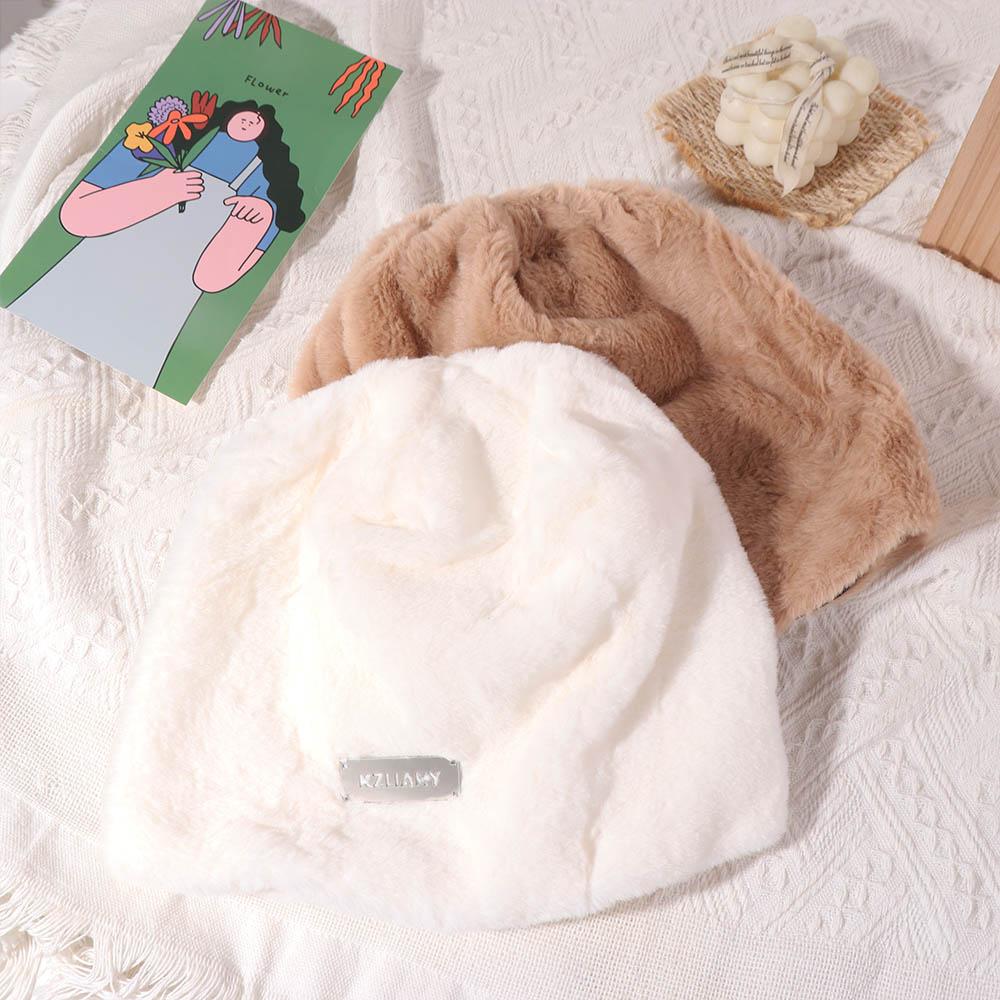 Coldproof Fleece Wool Skullies Korean Style Warm Wool Cap Solid Color Letter Pullover Hats  Female