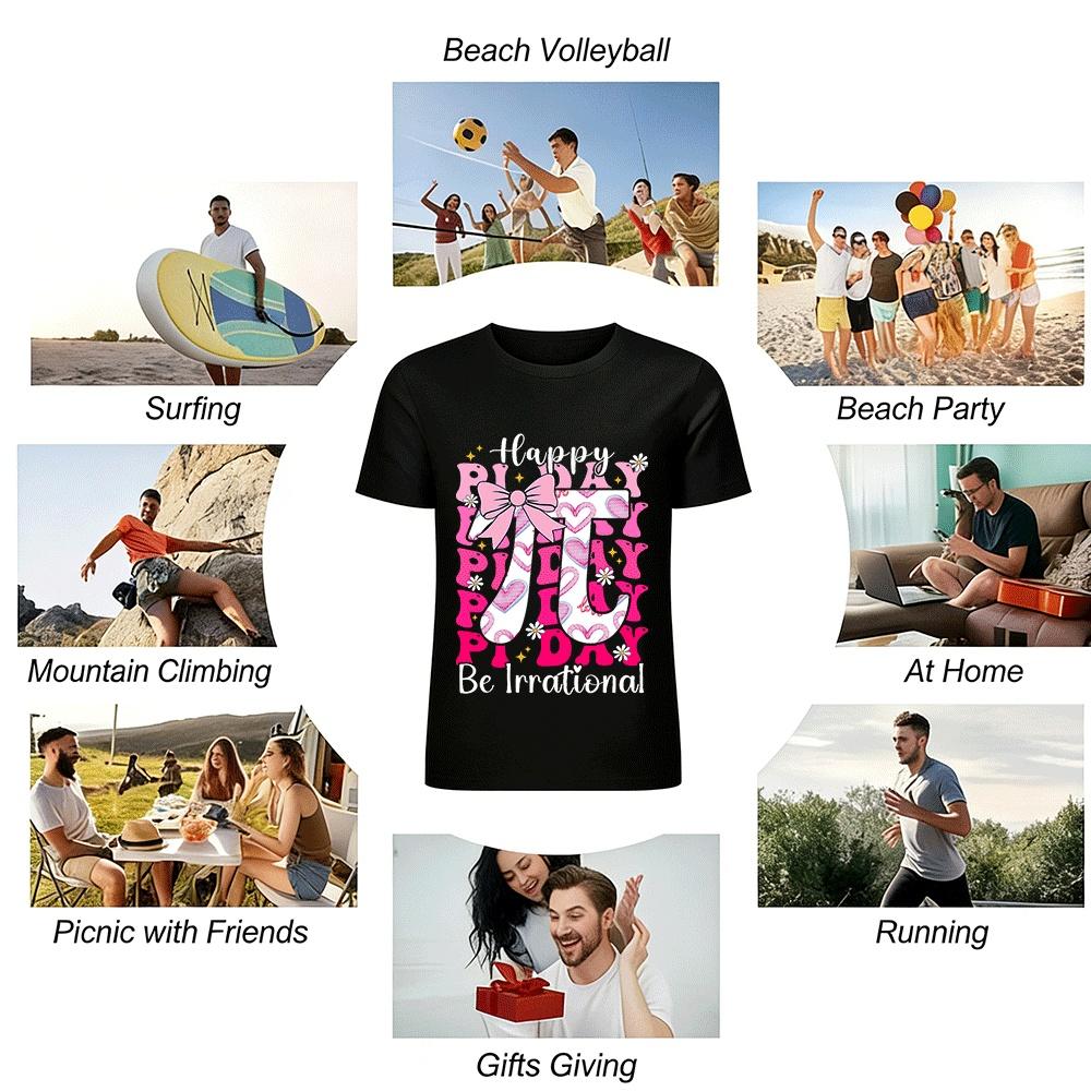 Happy Pi Day Be Irrational Pink Bow Heart Print Casual Tee Pure cotton T-shirt