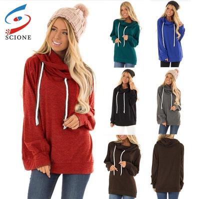 Female Autumn New Casual Hooded Solid Color Warm Loose Pullover Pull Rope Hooded Sweater Tops