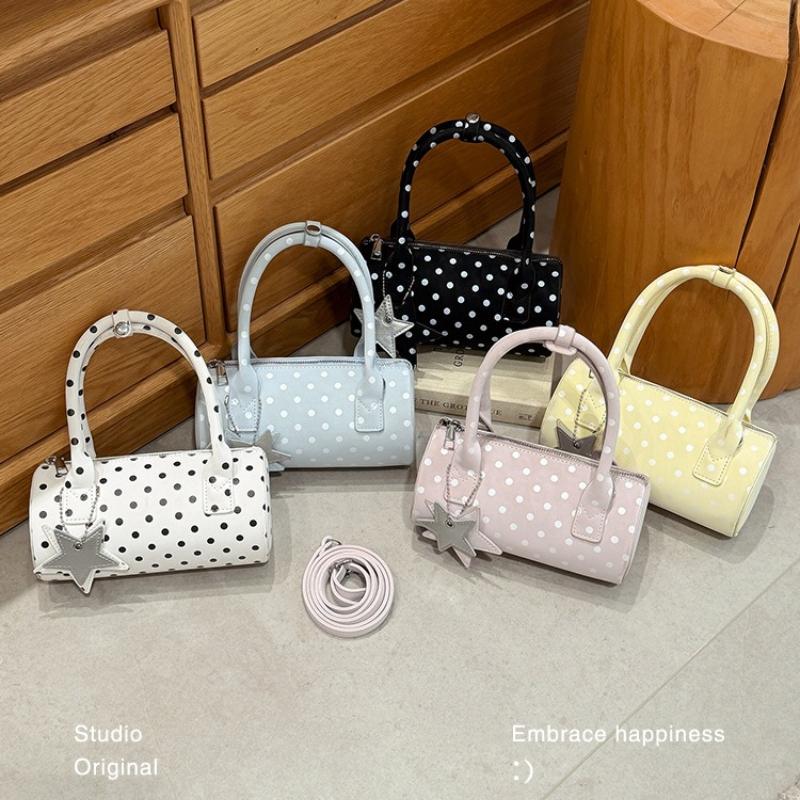 French Polka Dot Shoulder Underarm Bags for Women Vintage Ladies Pillow Crossbody Bag Sweet Girls Pu Handbag with Star Pendant
