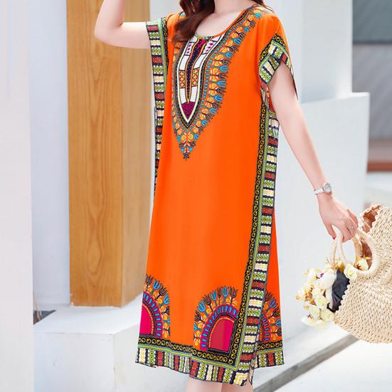 Women Dress Ethnic Style Round Neck Print Contrast Color Geometric Printing Pullover Loose Short Sleeves Midi Dress Women Clothes