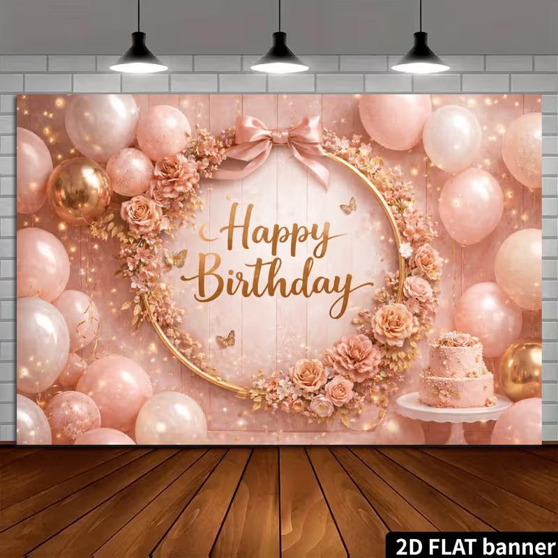 

2D Pink Floral Happy Birthday Backdrop Gold Balloon Cake Table Photography Banner 47.2x31.5inch/120*80cm