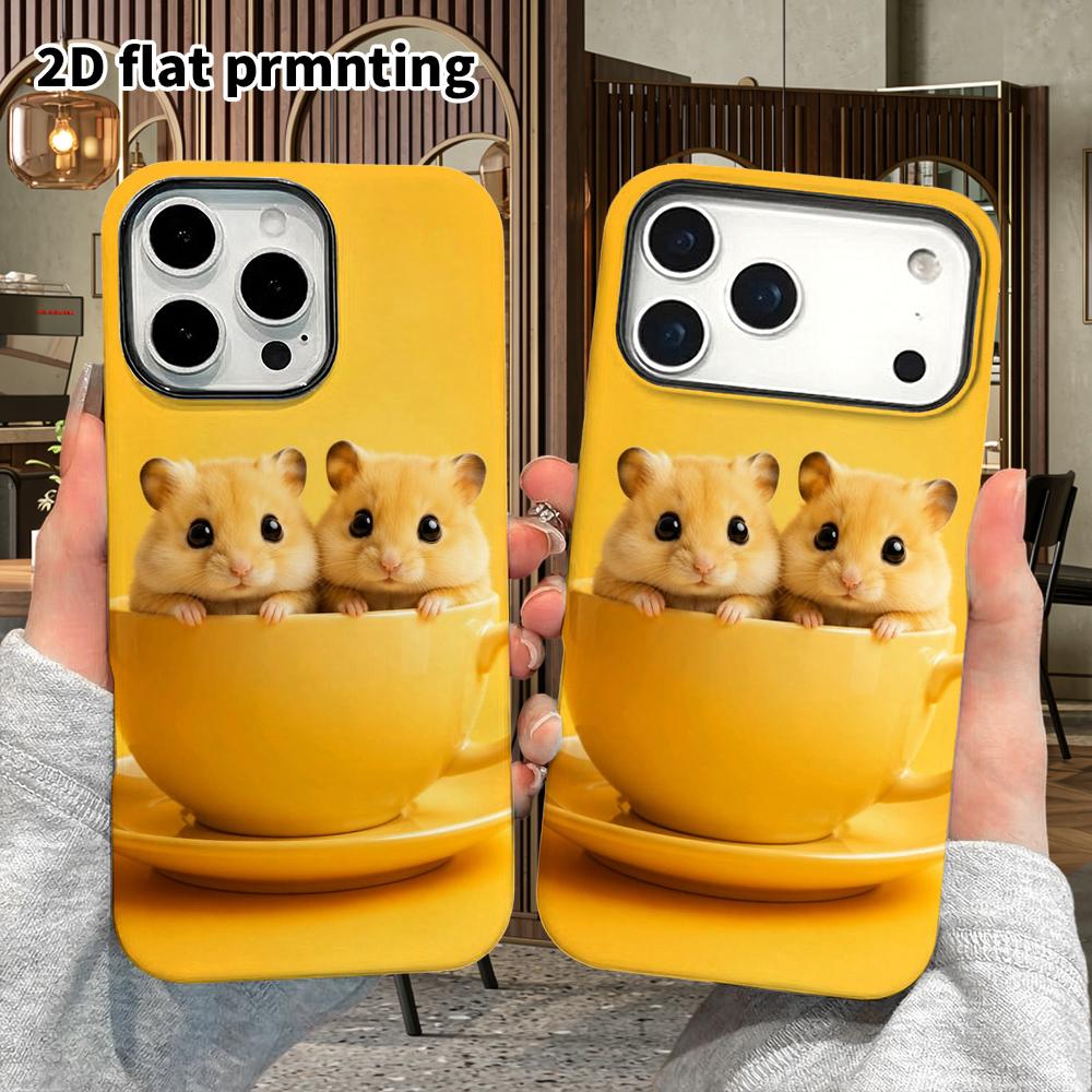 Phone Case: 2D Flat Design Suitable for iPhone 18 17 16 15 14 13 Pro Film Protective Case, Couple Style, Tea Cup with Two Hamsters, Christmas and Hall