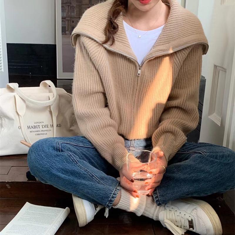 

Осень Зима Элегантный Вязаный Кардиган на Молнии Женский Свитер Длинный Рукав Повседневный Отложной Воротник Топ Однотонный Свободный Офисный Стиль Вязаная Куртка Одежда one size хаки