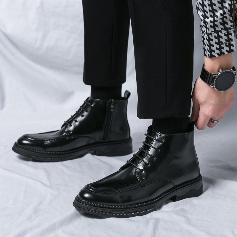 Bottes Hautes pour Homme Bottes en Cuir Véritable Haute Qualité à Lacets Fermeture Éclair Cheville Mode Cuir Verni Bottes d'Affaires pour Homme Botas