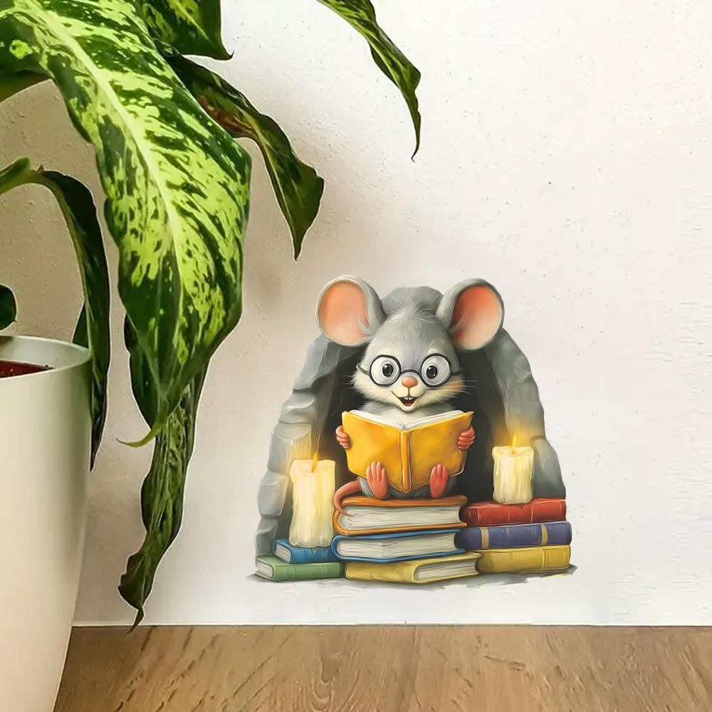 Cartoon Cute Mice Reading Books, Mouse Holes, Living Room, Study, Home, Wall Decoration Stickers