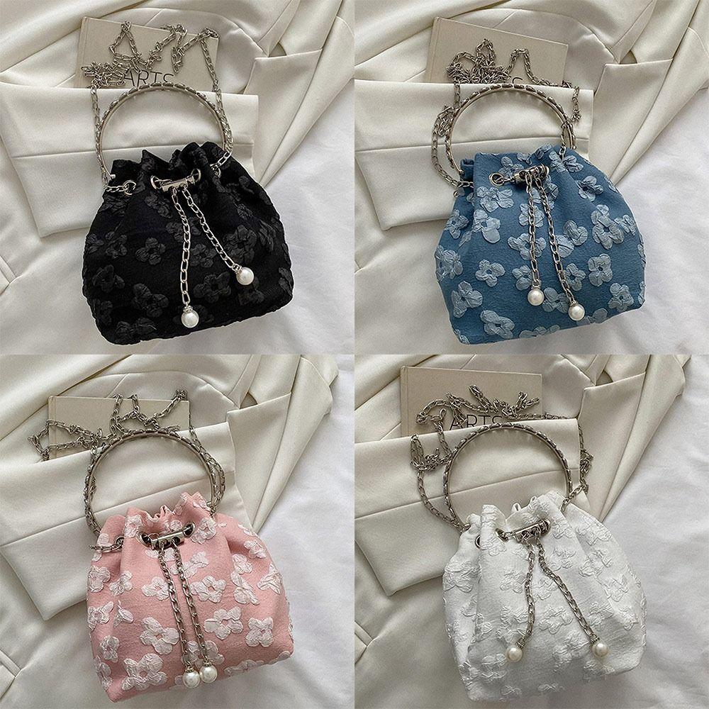 Fashion Nylon Shoulder Bags Pleated Floral Design Circle Handheld Handbag Exquisite Chain Crossbody Bag Ladies