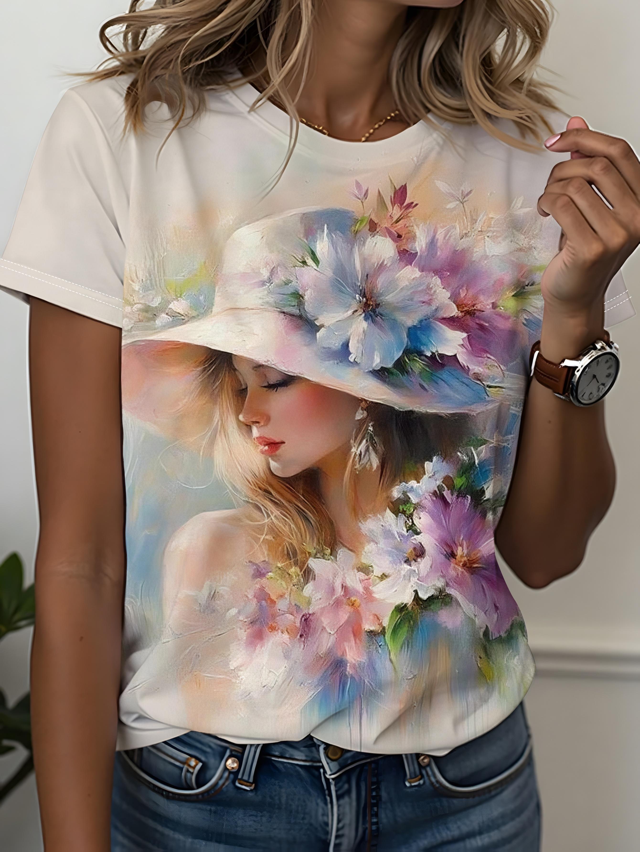 

Size Label Women. Oil Painting Style with Hat Printed Short Sleeve T-Shirt. Surrounded by Flowers. Artistic And Romantic - Suitable for Spring Summer S дубильная кора