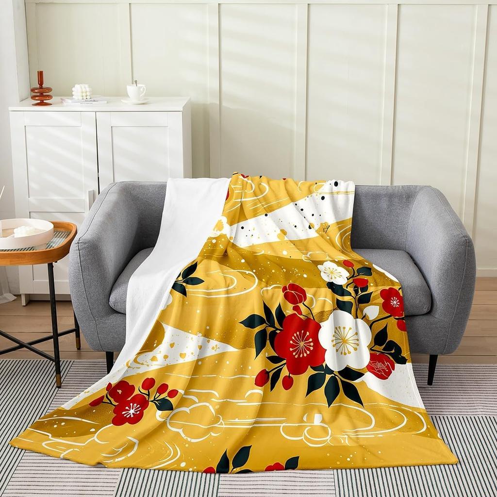 Japanese Floral Throw Blanket X Plush Cherry Blossoms Flannel Fleece for Sofa Couch Kids Room Decor