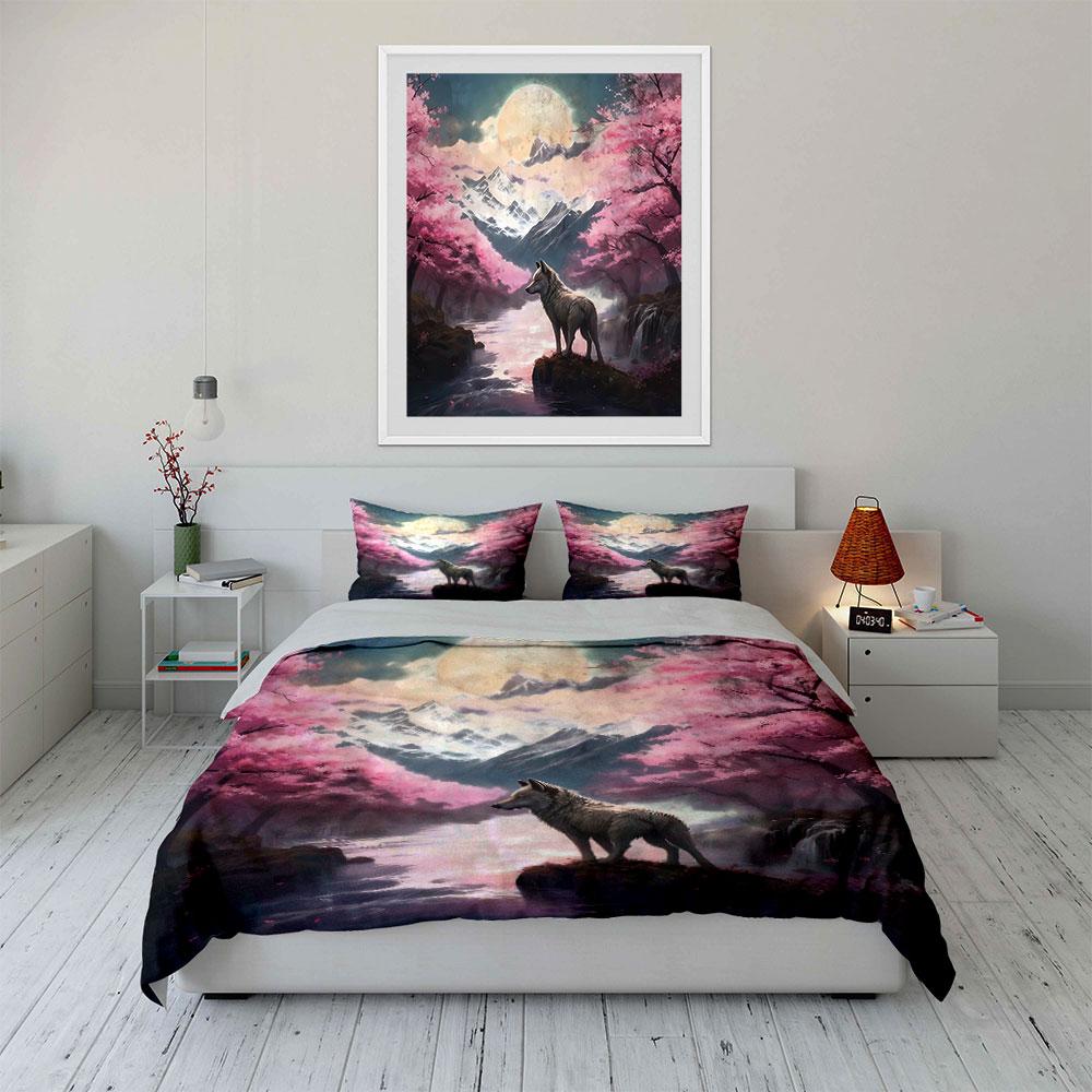 Wolf Sakura Mountain Art Decor Soft Comfortable Duvet Cover Bedding Set Included 1*Duvet Cover & 2*Pillowcases, Gift